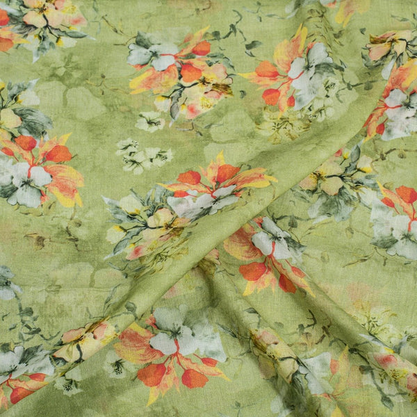 Pastel Green Colour Floral Print Cotton Mal Fabric