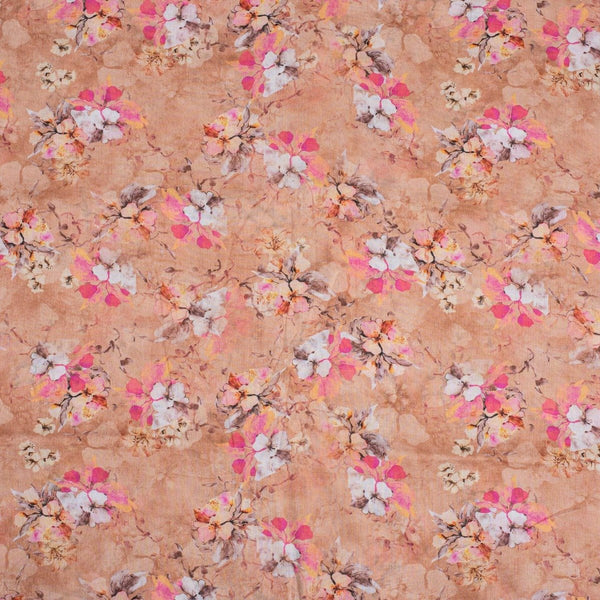 Peach Colour Floral Print Cotton Mal Fabric
