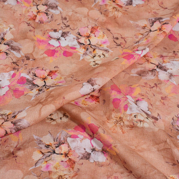 Peach Colour Floral Print Cotton Mal Fabric