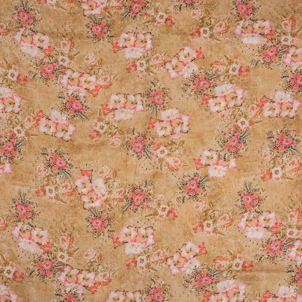 Beige Colour Floral Print Cotton Mal Fabric