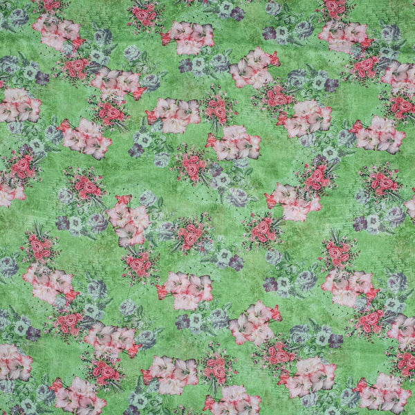 Green Colour Floral Print Cotton Mal Fabric