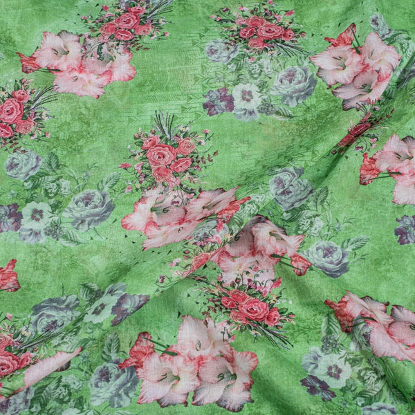 Green Colour Floral Print Cotton Mal Fabric