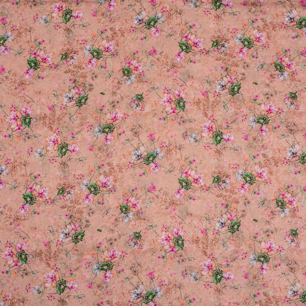 Peach Colour Floral Print Cotton Mal Fabric