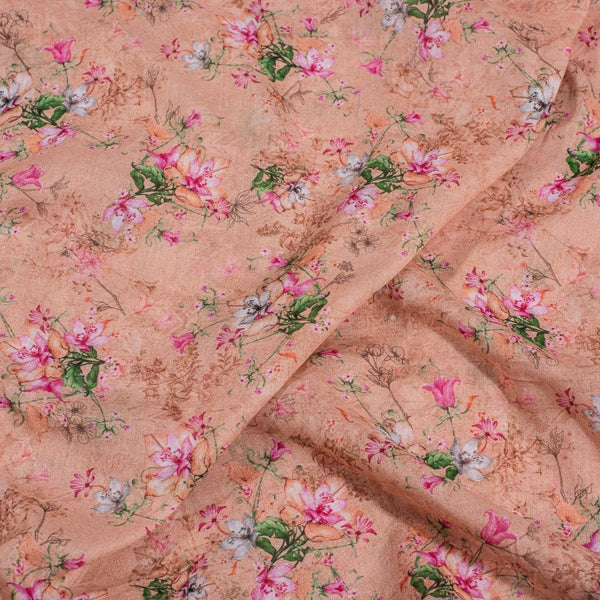 Peach Colour Floral Print Cotton Mal Fabric