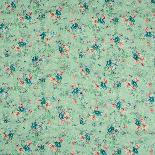 Pastel Green Colour Floral Print Cotton Mal Fabric