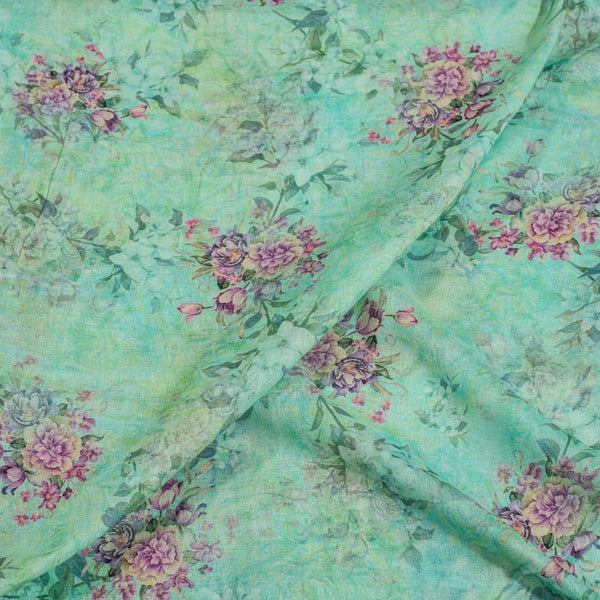 Pastel Green Colour Floral Print Cotton Mal Fabric
