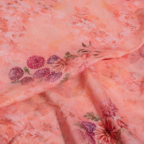 Peach Pink Colour Floral Print Cotton Mal Fabric