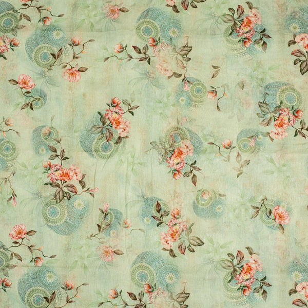 Pastel Green Colour Floral Print Cotton Mal Fabric