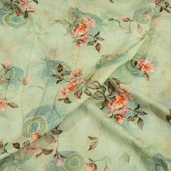 Pastel Green Colour Floral Print Cotton Mal Fabric