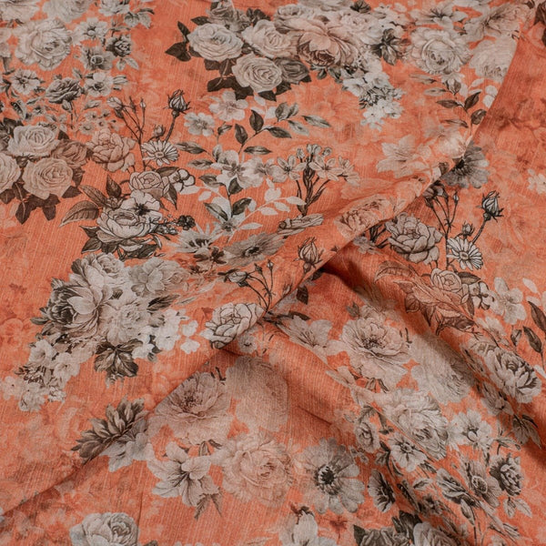 Apricot Orange Colour Floral Print Cotton Mal Fabric