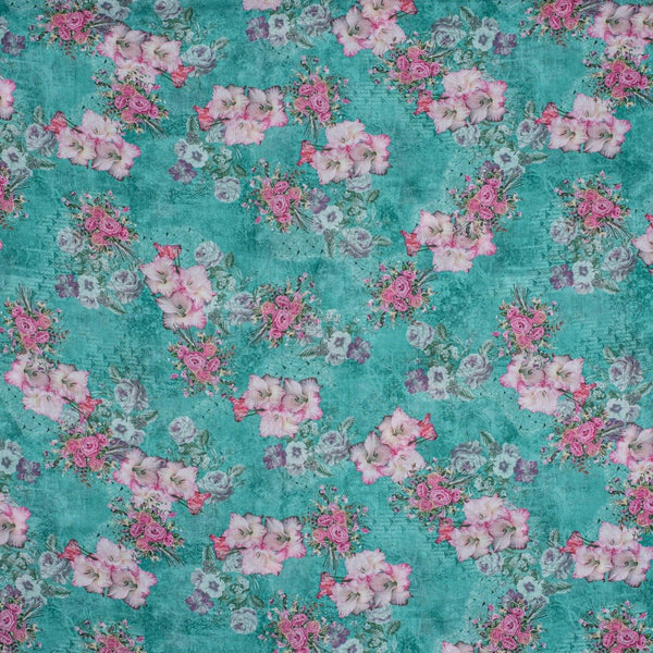 Emerald Green Colour Floral Print Cotton Mal Fabric