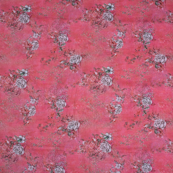 Carrot Pink Colour Floral Print Cotton Mal Fabric
