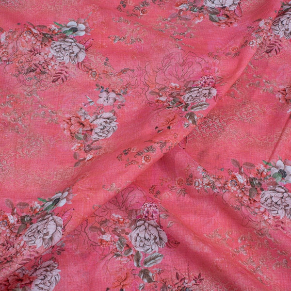 Carrot Pink Colour Floral Print Cotton Mal Fabric