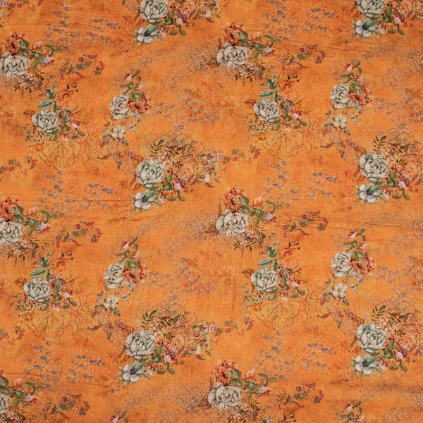 Orange Colour Floral Print Cotton Mal Fabric