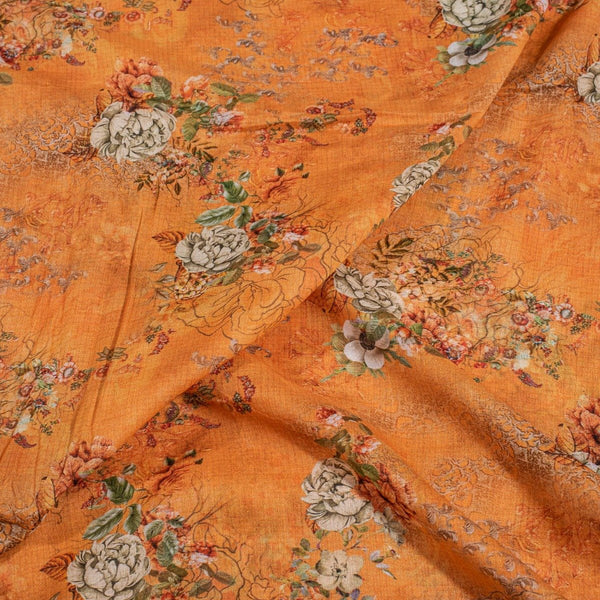 Orange Colour Floral Print Cotton Mal Fabric