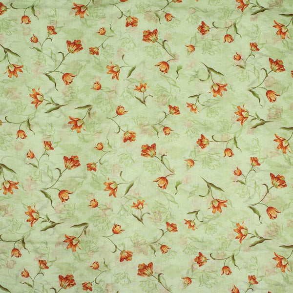 Pastel Green Colour Floral Print Cotton Mal Fabric