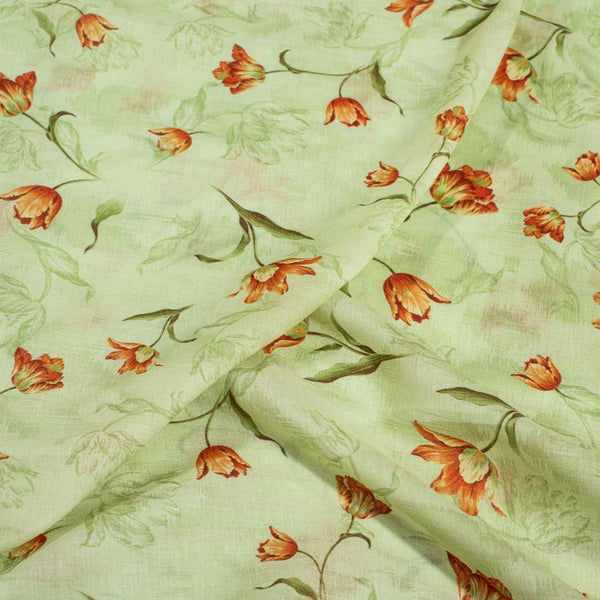 Pastel Green Colour Floral Print Cotton Mal Fabric