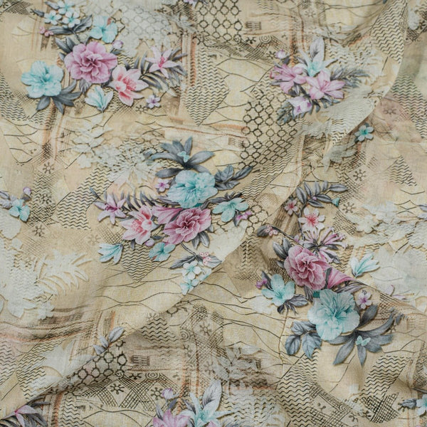 Ivory Colour Floral Print Cotton Mal Fabric