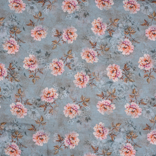 Grey Colour Floral Print Cotton Mal Fabric