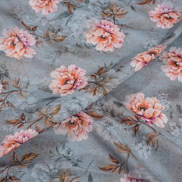 Grey Colour Floral Print Cotton Mal Fabric