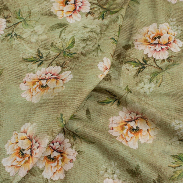Olive Colour Floral Print Cotton Mal Fabric