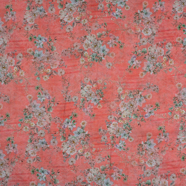 Coral Colour Floral Print Cotton Mal Fabric