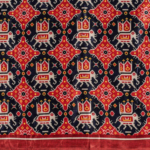 Navy Blue Colour Digital Patan Patola Print Gaji Fabric