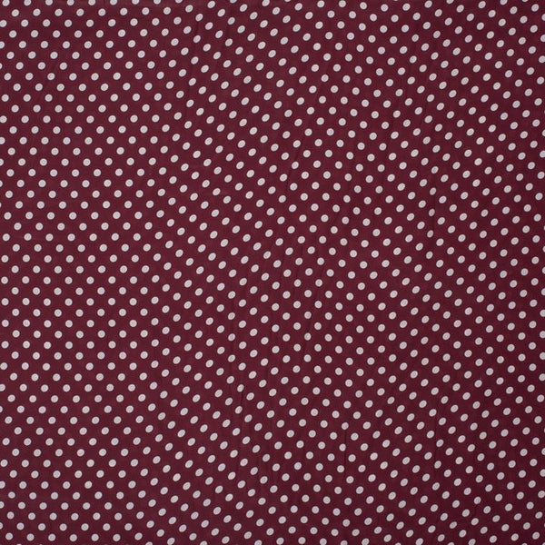 Dark Maroon Colour Polka Dots Print Poly Crepe Fabric