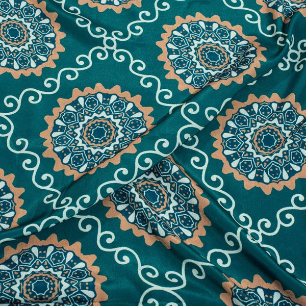Teal Colour Floral Digital Print Poly Crepe Fabric