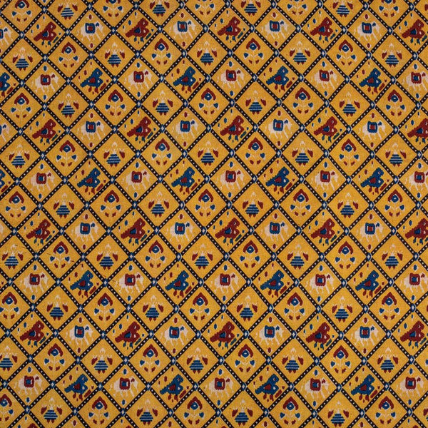 Mustard Yellow  colour Patola Design Mughal Kalamkari Print Cotton Fabric