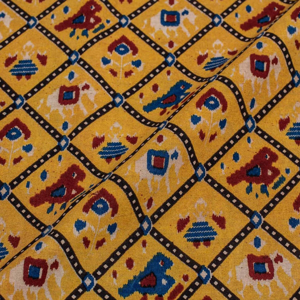 Mustard Yellow  colour Patola Design Mughal Kalamkari Print Cotton Fabric