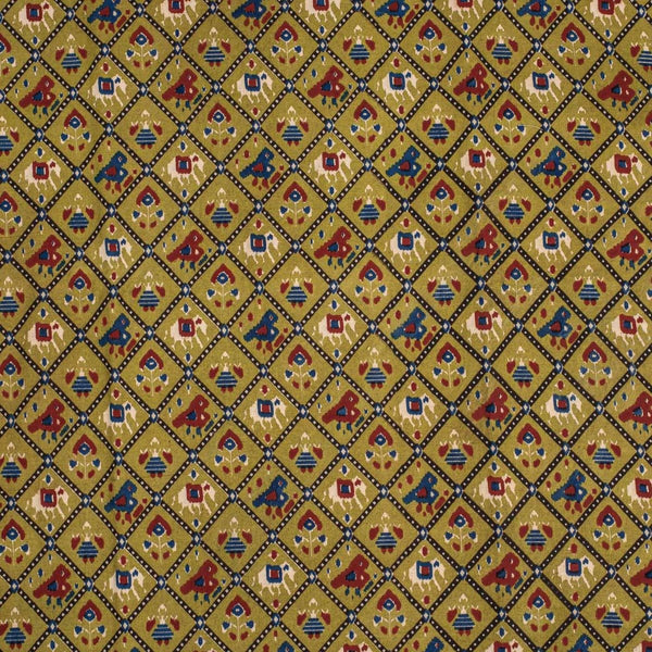 Olive Green Colour Patola inspired Print Cotton Fabric
