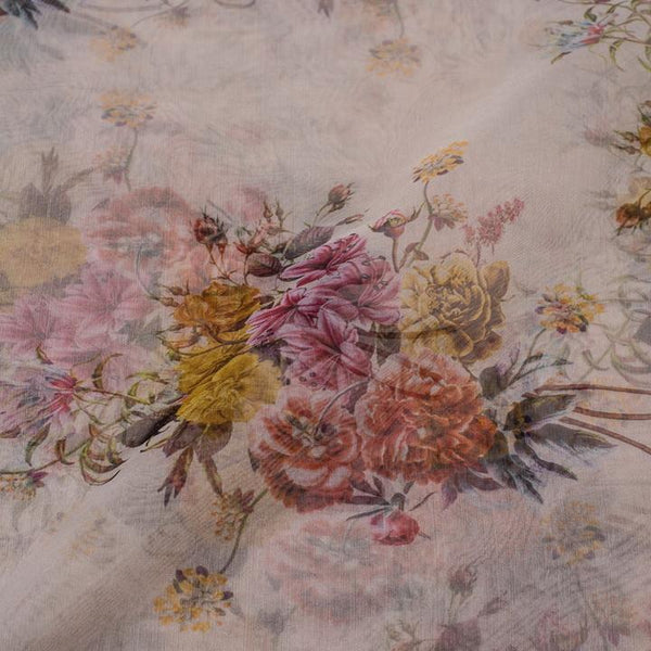 Beige Color Digital Floral Print Semi Organza Fabric