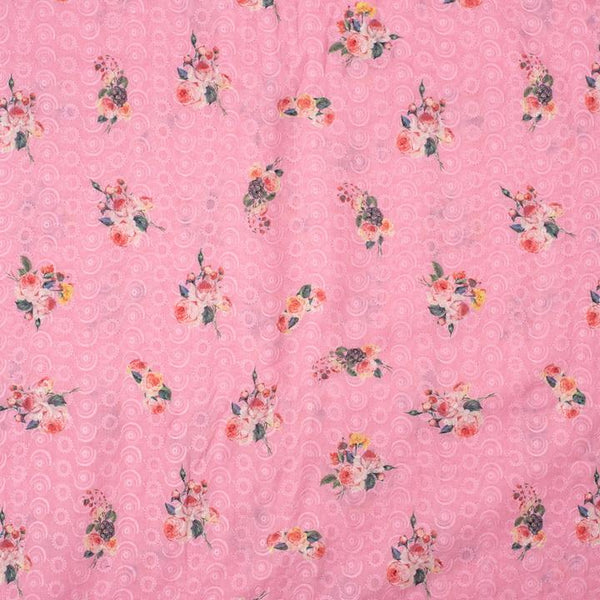 Pink Colour Digital Floral Print Chikankari Poly Cotton Fabric