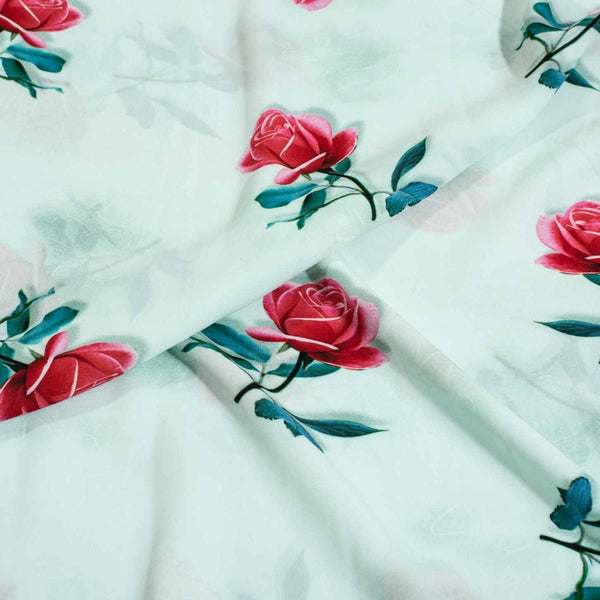 Pastel Mint Colour Digital Floral Print Flowy Fiona Polyester Fabric