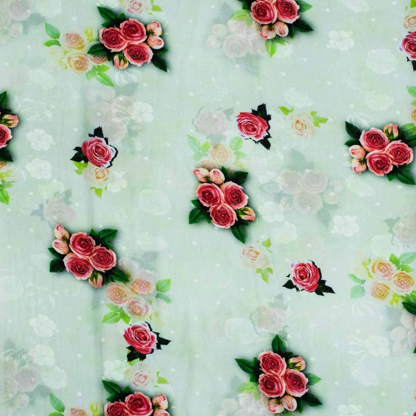 Pastel Green Colour Digital Floral Print Flowy Fiona Polyester Fabric