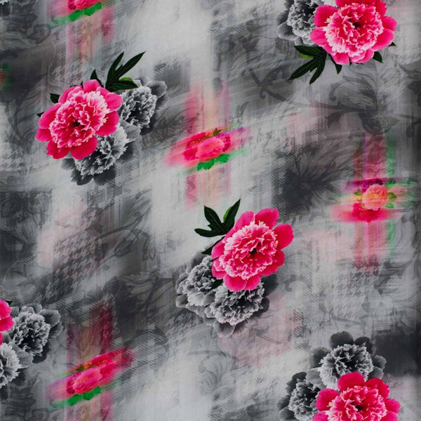 Grey Colour Digital Floral Print Flowy Fiona Polyester Fabric