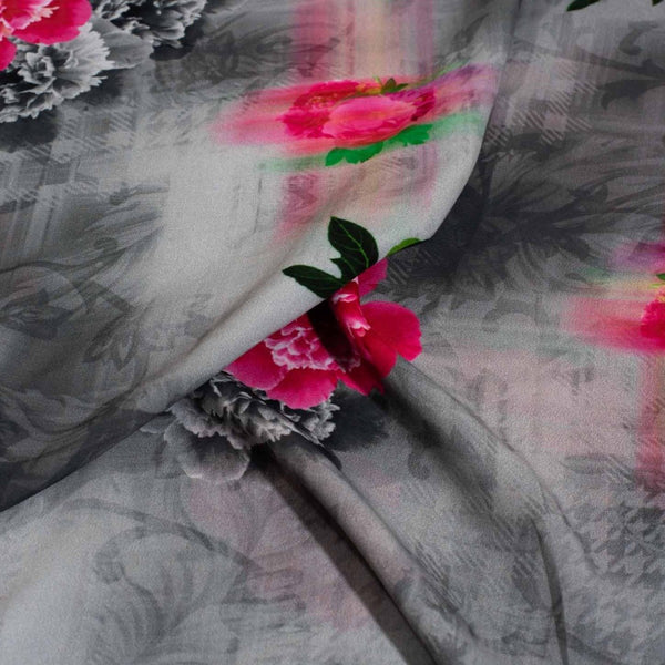 Grey Colour Digital Floral Print Flowy Fiona Polyester Fabric