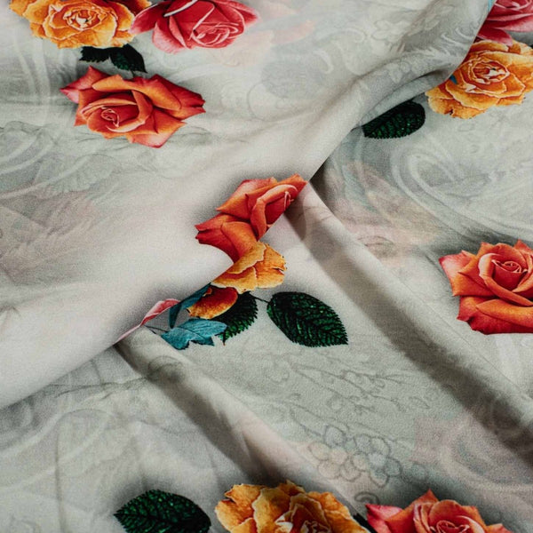 Off White Colour Digital Floral Print Flowy Fiona Polyester Fabric