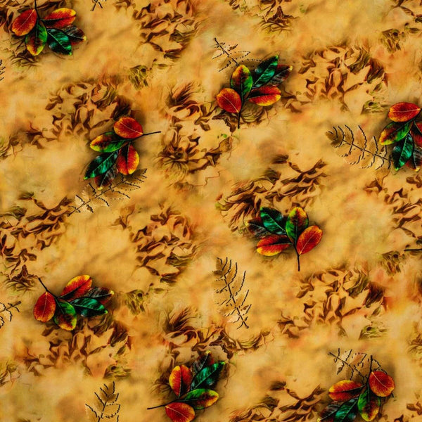 Mustard Yellow Colour Digital Leaves Print Flowy Fiona Polyester Fabric