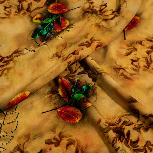 Mustard Yellow Colour Digital Leaves Print Flowy Fiona Polyester Fabric