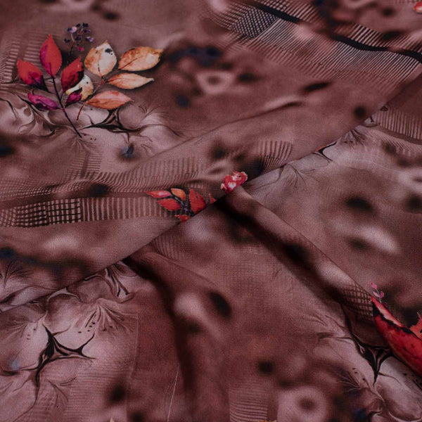 Brown Colour Digital Leaves Print Flowy Fiona Polyester Fabric