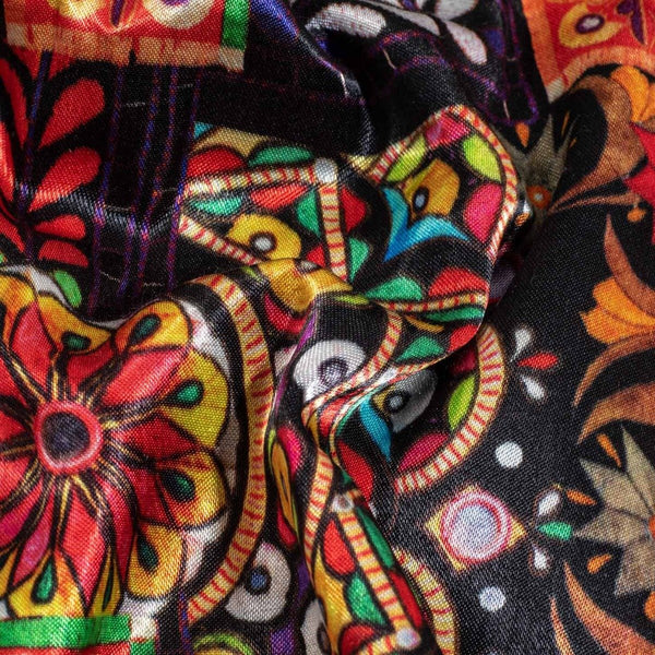 Black Colour Digital Ethnic Print Gaji Fabric