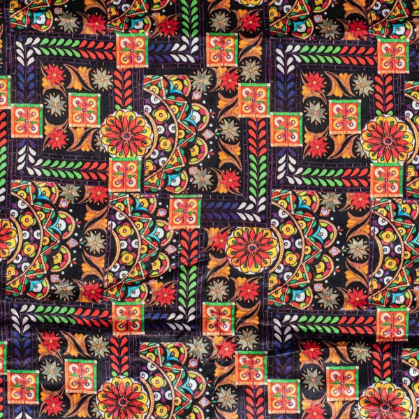Black Colour Digital Ethnic Print Gaji Fabric