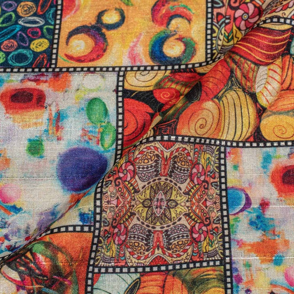 Multi Colour Digital Print  Slub Tussar Feel Poly Fabric