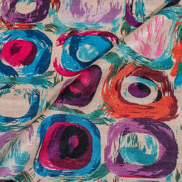 Off White Colour Digital Print Poly Slub Tussar Feel Fabric