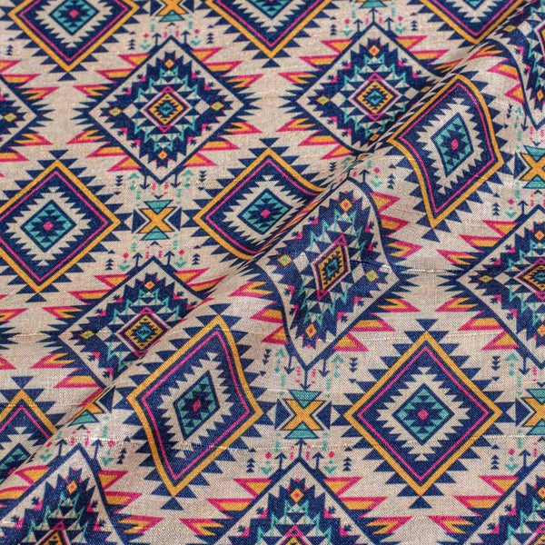Off White Colour Digital Print Poly Slub Tussar Feel Fabric
