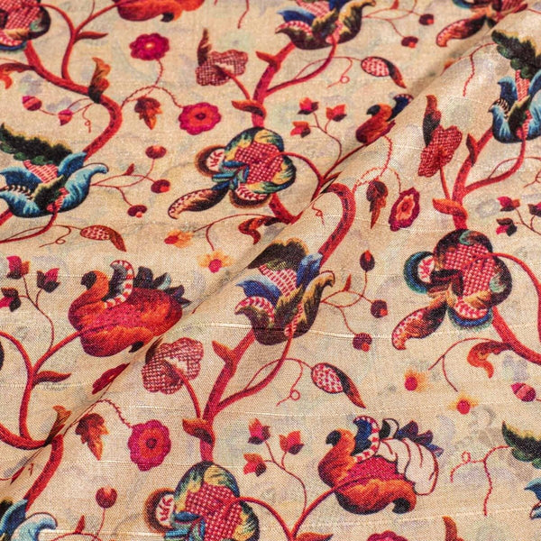 Beige Colour Digital Print Poly Slub Tussar Feel Fabric