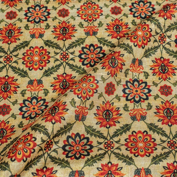 Off White Colour Digital Print Poly Slub Tussar Feel Fabric