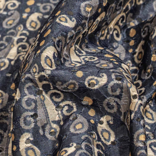 Grey Colour Digital Print Schiffli Cut Work Poly Tussar Feel Fabric